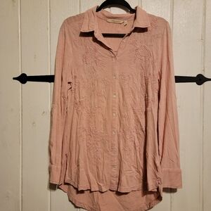 Soft Surroundings Womens Shirt Pink Embroidered Button-Up Long Sleeve Size Mediu
